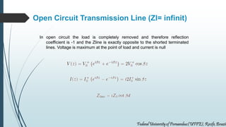 Open Circuit Transmission Line (Zl= infinit)
In open circuit the load is completely removed and therefore reflection
coefficient is -1 and the Zline is exactly opposite to the shorted terminated
lines. Voltage is maximum at the point of load and current is null
 