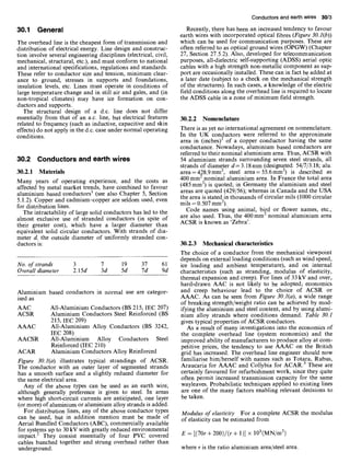 30.1 General
The overhead line is the cheapest form of transmission and
distribution of electrical energy. Line design and construc-
tion involve several engineering disciplines (electrical, civil,
mechanical, structural, etc.), and must conform to national
and international specifications, regulations and standards.
These refer to conductor size and tension, minimum clear-
ance to ground, stresses in supports and foundations,
insulation levels, etc. Lines must operate in conditions of
large temperature change and in still air and gales, and (in
non-tropical climates) may have ice formation on con-
ductors and supports.
The structural design of a d.c. line does not differ
essentially from that of an a.c. line, but electrical features
related to frequency (such as inductive, capacitive and skin
effects) do not apply in the d.c. case under normal operating
conditions.
30.2 Conductors and earth wires
30.2.1 Materials
Many years of operating experience, and the costs as
affected by metal market trends, have combined to favour
aluminium based conductors 1 (see also Chapter 5, Section
5.1.2). Copper and cadmium-copper are seldom used, even
for distribution lines.
The intractability of large solid conductors has led to the
almost exclusive use of stranded conductors (in spite of
their greater cost), which have a larger diameter than
equivalent solid circular conductors. With strands of dia-
meter d, the outside diameter of uniformly stranded con-
ductors is:
No. of strands 3 7 19 37 61
Overall diameter 2.15d 3d 5d 7d 9d
Aluminium based conductors in normal use are categor-
ised as
AAC All-Aluminium Conductors (BS 215, IEC 207)
ACSR Aluminium Conductors Steel Reinforced (BS
215, IEC 209)
AAAC All-Aluminium Alloy Conductors (BS 3242,
IEC 208)
AACSR All-Aluminium Alloy Conductors Steel
Reinforced (IEC 210)
ACAR Aluminium Conductors Alloy Reinforced
Figure 30.1(a) illustrates typical strandings of ACSR.
The conductor with an outer layer of segmented strands
has a smooth surface and a slightly reduced diameter for
the same electrical area.
Any of the above types can be used as an earth wire,
although generally preference is given to steel. In areas
where high short-circuit currents are anticipated, one layer
(or more) of aluminium or aluminium alloy strands is added.
For distribution lines, any of the above conductor types
can be used, but in addition mention must be made of
Aerial Bundled Conductors (ABC), commercially available
for systems up to 30 kV with greatly reduced environmental
2
impact. They consist essentially of four PVC covered
cables bunched together and strung overhead rather than
underground.
Conductors and earth wires 30/3
Recently, there has been an increased tendency to favour
earth wires with incorporated optical fibres (Figure 30.1(b))
which can be used for communication purposes. These are
often referred to as optical ground wires (OPGW) (Chapter
27, Section 27.5.2). Also, developed for telecommunication
purposes, all-dielectric self-supporting (ADSS) aerial optic
cables with a high strength non-metallic component as sup-
port are occasionally installed. These can in fact be added at
a later date (subject to a check on the mechanical strength
of the structures). In such cases, a knowledge of the electric
field conditions along the overhead line is required to locate
the ADSS cable in a zone of minimum field strength.
30.2.2 Nomenclature
There is as yet no international agreement on nomenclature.
In the UK conductors were referred to the approximate
area in (inches)2 of a copper conductor having the same
conductance. Nowadays, aluminium based conductors are
referred to their nominal aluminium area. Thus, ACSR with
54 aluminium strands surrounding seven steel strands, all
strands of diameter d= 3.18 mm (designated: 54/7/3.18; alu.
area=428.9mm 2, steel area=55.6mm 2) is described as
400 mm 2 nominal aluminium area. In France the total area
(485 mm 2) is quoted; in Germany the aluminium and steel
areas are quoted (429/56); whereas in Canada and the USA
the area is stated in thousands of circular mils (1000 circular
mils = 0.507 mm2).
Code names using animal, bird or flower names, etc.,
are also used. Thus, the 400 mm 2 nominal aluminium area
ACSR is known as 'Zebra'.
30.2.3 Mechanical characteristics
The choice of a conductor from the mechanical viewpoint
depends on external loading conditions (such as wind speed,
ice loading and ambient temperature), and on internal
characteristics (such as stranding, modulus of elasticity,
thermal expansion and creep). For lines of 33 kV and over,
hard-drawn AAC is not likely to be adopted; economics
and creep behaviour lead to the choice of ACSR or
AAAC. As can be seen from Figure 30.1(a), a wide range
of breaking strength/weight ratio can be achieved by mod-
ifying the aluminium and steel content, and by using alumi-
nium alloy strands where conditions demand. Table 30.1
gives typical properties of ACSR conductors.
As a result of many investigations into the economics of
the complete overhead line (system economics) and the
improved ability of manufacturers to produce alloy at com-
petitive prices, the tendency to use AAAC on the British
grid has increased. The overhead line engineer should now
familiarise him/herself with names such as Totara, Rubus,
Araucaria for AAAC and Collybia for ACAR. 3 These are
certainly favoured for refurbishment work, since they quite
often permit increased transmission capacity for the same
wayleaves. Probabilistic techniques applied to existing lines
are one of the many factors enabling relevant decisions to
be taken.
Modulus of elasticity For a complete ACSR the modulus
of elasticity can be estimated from
E = [(70r + 200)/(r + 1)] × 103(MN/m 2)
where r is the ratio aluminium area/steel area.
 