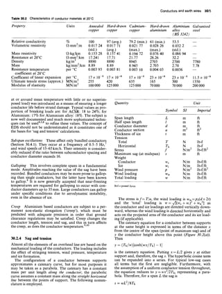 Table 30.9 Characteristics of conductor materials at 20°C
Conductors and earth wires 30/5
Property Units Annealed
copper
Hard-drawn Cadmium- Hard-drawn Aluminium Galvanised
copper copper aluminium alloy steel
(BS 3242)
Relative conductivity %
Volumetric resistivity f~-mm2/m
Mass resistivity f~-kg/km
Resistance at 20°C f~-mm2/km
Density kg/m 3
Mass kg/mm2/km
Resistance temperature per °C
coefficient at 20°C
Coefficient of linear expansion per °C
Ultimate tensile stress (approx.) MN/m 2
Modulus of elasticity MN/m 2
100 97 (avg.) 79.2 (min.) 61 (min.) 53.5
0.017 24 0.017 71 0.021 77 0.028 26 0.032 2
(std.) (avg.) (max.) (max.) (std.)
0.153 28 0.157 41 0.194 72 0.076 40 0.086 94
17.241 17.71 21.77 28.26 32.2
8890 8890 8945 2703 2700
8.89 8.89 8.945 2.703 2.70
0.003 93 0.003 81 0.003 10 0.004 03 0.0036
17 x 10 6 17 x 10-6 17 x 10-6 23 x 10-6 23 x 10-6
255 420 635 165 300
100000 125000 125000 70000 70000
I
7780
7.78
I
11.5 x 10-6
1350
200000
at or around mean temperature with little or no superim-
posed load) was introduced as a means of ensuring a longer
conductor life before strand damage. Typical values as pro-
portion of breaking loads are: for ACSR: 18 to 24%; for
Aluminium: 17% for Aluminium alloy: 18%. The subject is
now well documented and much more sophisticated techni-
ques can be used4'5'6 to refine these values. The concept of
EDS should not be underestimated as it constitutes one of
the bases for 'sag and tension' calculations.
Subspan oscillations These affect only bundled conductors
(Section 30.4.1). They occur at a frequency of 0.5-5 Hz, 7
and wind speeds of 15-65 km/h. Their intensity is consider-
ably reduced if the ratio between subconductor spacing and
conductor diameter exceeds 16.
Galloping This involves complete spans in a fundamental
mode. Amplitudes reaching the value of the sag have been
recorded. Bundled conductors may be more prone to gallop-
ing than single conductors, but the latter have been known
to gallop, s It is now generally accepted that near-freezing
temperatures are required for galloping to occur with con-
ductor diameters up to 35 mm. Large conductors can gallop
under specific conditions due to aerodynamic instability,
even in the absence of ice.
Creep Aluminium based conductors are subject to a per-
manent non-elastic elongation ('creep'), which must be
predicted with adequate precision in order that ground
clearance regulations may be satisfied. Creep changes the
conductor length, tension and sag, and this in turn affects
the creep, as does the conductor temperature. 9'1°
30.2.4 Sag and tension
Almost all the elements of an overhead line are based on the
mechanical loading of the conductors. The loading includes
the effect of stringing tension, wind pressure, temperature
and ice formation.
The configuration of a conductor between supports
approximates a catenary curve, but for most purposes it
may be taken as a parabola. The catenary has a constant
mass per unit length along the conductor; the parabolic
curve assumes a constant mass along the straight horizontal
line between the points of support. The following nomen-
clature is employed.
Quantity Unit
Symbol SI Imperial
Span length L m ft
Half span length l m ft
Conductor diameter d m ft
Conductor section a m 2 ft2
Thickness of ice t m fl
Tension
Total T N lb-f
Horizontal Th N lb-f
Stress f N/m 2 lb-f/fl2
Maximum sag (at midspan) s m ft
Weight
Conductor wc N/m lb-f/fl
Ice wi N/m lb-f/fl
Wind pressure p N/m 2 lb-f/fl2
Wind loading Ww N/m lb-f/ft
Total loading w N/m lb-f/ft
lb-f = pound force.
The stress is f= T/a, the wind loading is Ww=p2(d+ 2t)
and the 'total' loading is w = v/[(wc + wi)2 + Ww
2] as
the conductor and ice loadings are directed vertically down-
ward, whereas the wind loading is directed horizontally and
acts on the projected area of the conductor and its ice load-
ing (if applicable).
The catenary equation for a conductor between supports
at the same height is expressed in terms of the distance x
from the centre of the span (point of maximum sag) and of
y the conductor height above this point (Figure 30.2(a)).
Then
y = (rh/w)[cosh(wx/rh)- 1]
is the catenary equation. Putting x = L/2 gives y at either
support and, therefore, the sag s. The hyperbolic cosine term
can be expanded into a series. For typical low-sag cases
all terms but the first are negligible. Furthermore, with
the assumption of a uniform conductor tension throughout,
the equation reduces to y----wx2/2Th, representing a para-
bola. Therefore, for a span L the sag is
s = wL2/8Th
 