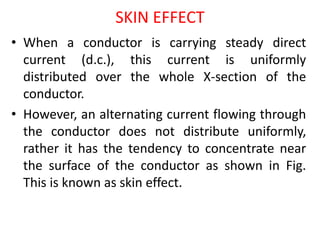 SKIN EFFECT
• When a conductor is carrying steady direct
current (d.c.), this current is uniformly
distributed over the whole X-section of the
conductor.
• However, an alternating current flowing through
the conductor does not distribute uniformly,
rather it has the tendency to concentrate near
the surface of the conductor as shown in Fig.
This is known as skin effect.
 