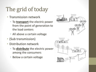 The grid of today
• Transmission network
• To transport the electric power
from the point of generation to
the load centers
• All above a certain voltage
• (Sub transmission)
• Distribution network
• To distribute the electric power
among the consumers
• Below a certain voltage
 
