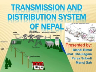 TRANSMISSION AND
DISTRIBUTION SYSTEM
OF NEPAL
Presented by:
Bishal Rimal
Himal Chaulagain
Paras Subedi
Manoj Sah
 