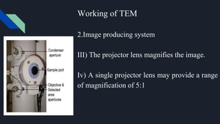 Working of TEM
2.Image producing system
III) The projector lens magnifies the image.
Iv) A single projector lens may provide a range
of magnification of 5:1
 