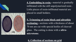 4. Embedding in resin - material is gradually
infiltrated with the still unpolymerized resin .
Little pieces of resin-infiltrated material are
placed in small holders.
5. Trimming of resin block and ultrathin
sectioning - sections with a thickness of about
70 nm are cut with special knifes of cleaved
glass . The cutting is done with a ultra-
microtome.
6. Collection of sections on grid
 