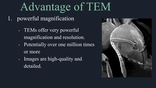1. powerful magnification
• TEMs offer very powerful
magnification and resolution.
• Potentially over one million times
or more
• Images are high-quality and
detailed.
Advantage of TEM
 