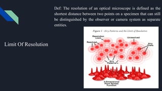 Limit Of Resolution
Def: The resolution of an optical microscope is defined as the
shortest distance between two points on a specimen that can still
be distinguished by the observer or camera system as separate
entities.
 