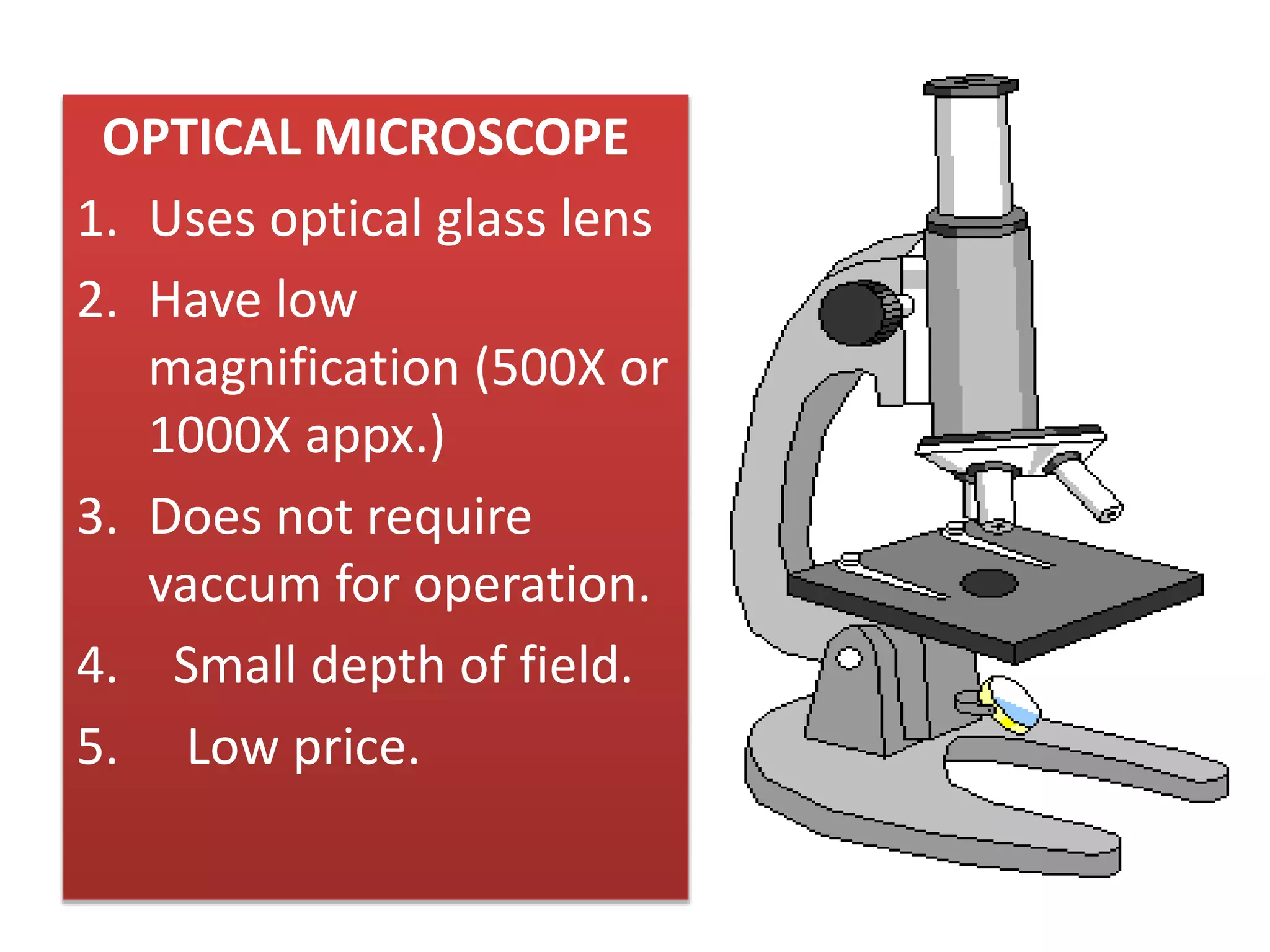 ELECTRON
MICROSCOPE
1. Uses magnetic
lens.
2. Have high
magnification
(10000X appx.)
3. Require vaccum
for operation
4. Large depth of
field.
5. High price.
 