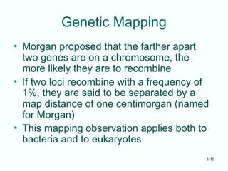 1-10
Genetic Mapping
• Morgan proposed that the farther apart
two genes are on a chromosome, the
more likely they are to recombine
• If two loci recombine with a frequency of
1%, they are said to be separated by a
map distance of one centimorgan (named
for Morgan)
• This mapping observation applies both to
bacteria and to eukaryotes
 