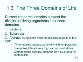 1-18
1.3 The Three Domains of Life
Current research theories support the
division of living organisms into three
domains
1. Bacteria
2. Eukaryota
3. Archaea living in the most inhospitable regions of the
earth
• Thermophiles tolerate extremely high temperatures
• Halophiles tolerate very high salt concentrations
• Methanogens produce methane as a by-product of
metabolism
 
