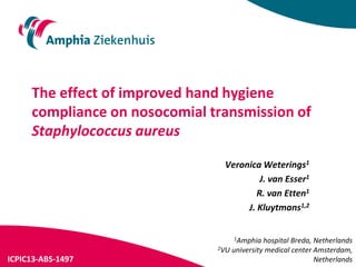 The effect of improved hand hygiene
compliance on nosocomial transmission of
Staphylococcus aureus
Veronica Weterings1
J. van Esser1
R. van Etten1
J. Kluytmans1,2
ICPIC13-ABS-1497
1Amphia hospital Breda, Netherlands
2VU university medical center Amsterdam,
Netherlands
 
