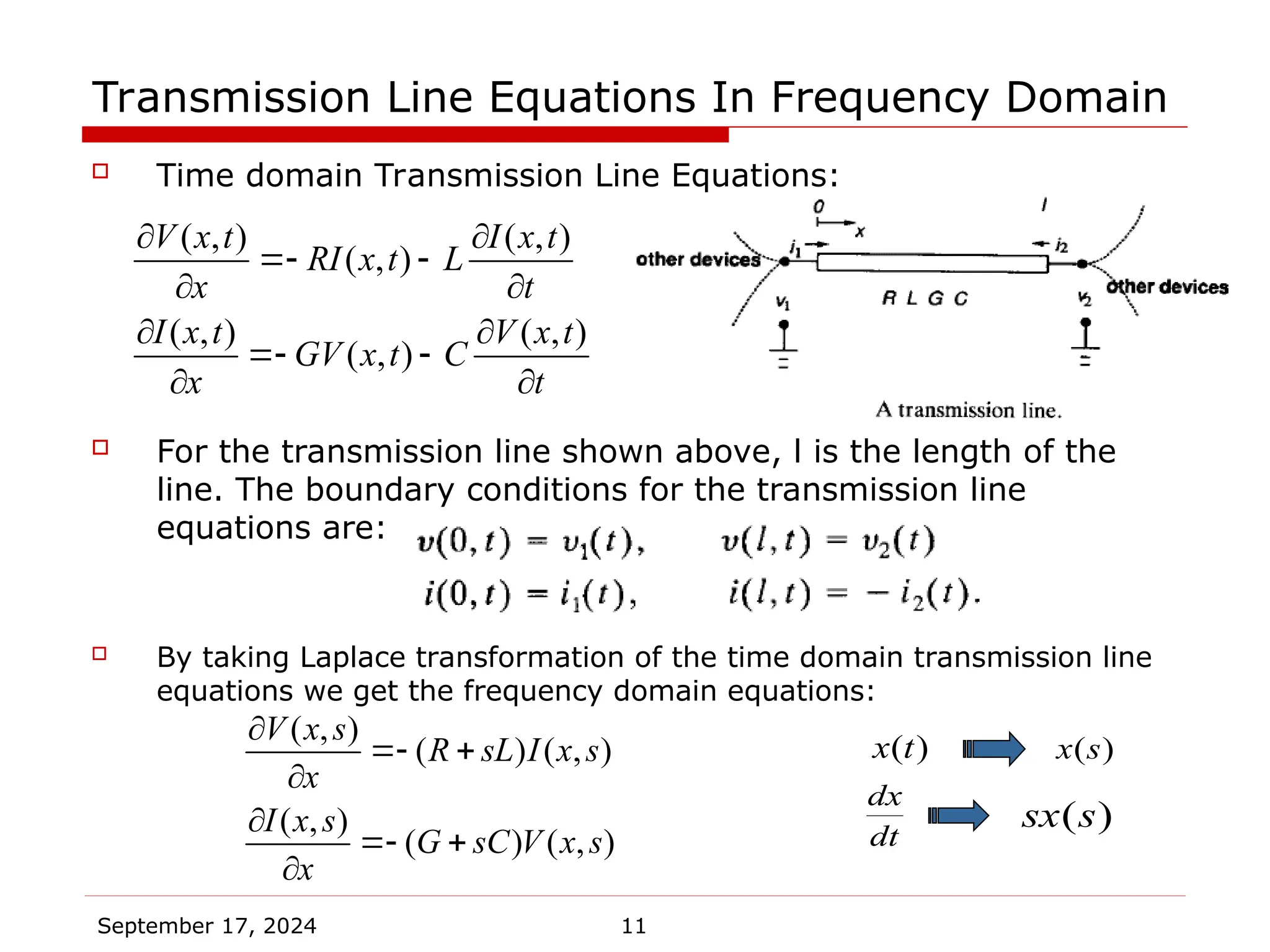September 17, 2024 11
Transmission Line Equations In Frequency Domain
 Time domain Transmission Line Equations:
 For the transmission line shown above, l is the length of the
line. The boundary conditions for the transmission line
equations are:
 By taking Laplace transformation of the time domain transmission line
equations we get the frequency domain equations:
)
(t
x ( )
x s
dt
dx
)
(s
sx
( , )
( ) ( , )
( , )
( ) ( , )
V x s
R sL I x s
x
I x s
G sC V x s
x

 


 

( , ) ( , )
( , )
( , ) ( , )
( , )
V x t I x t
RI x t L
x t
I x t V x t
GV x t C
x t
 
 
 
 
 
 
 