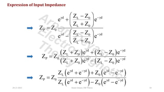 d d
L 0
L 0
P 0
d d
L 0
L 0
Z Z
e e
Z Z
Z Z
Z Z
e e
Z Z
 −
 −
 
−
+  
+
 
=
 
−
−  
+
 
Expression of Input Impedance
( ) ( )
( ) ( )
d d
L 0 L 0
P 0 d d
L 0 L 0
Z Z e Z Z e
Z Z
Z Z e Z Z e
 −
 −
+ + −
=
+ − −
( ) ( )
( ) ( )
d d d d
L 0
P 0 d d d d
L 0
Z e e Z e e
Z Z
Z e e Z e e
 −  −
 −  −
+ + −
=
+ − −
24-11-2021 Arpan Deyasi, EM Theory 14
Arpan Deyasi
Electromagnetic
Theory
 
