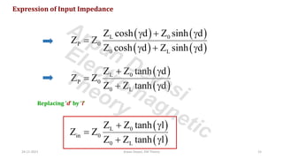 Expression of Input Impedance
( ) ( )
( ) ( )
L 0
P 0
0 L
Z cosh d Z sinh d
Z Z
Z cosh d Z sinh d
 + 
=
 + 
( )
( )
L 0
P 0
0 L
Z Z tanh d
Z Z
Z Z tanh d
+ 
=
+ 
Replacing ‘d’ by ‘l’
( )
( )
L 0
in 0
0 L
Z Z tanh l
Z Z
Z Z tanh l
+ 
=
+ 
24-11-2021 Arpan Deyasi, EM Theory 15
Arpan Deyasi
Electromagnetic
Theory
 