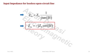 Input Impedance for lossless open-circuit line
( )
oc 0
1
Z Z
jtan l
=

( )
oc 0
Z jZ cot l
= − 
24-11-2021 Arpan Deyasi, EM Theory 18
Arpan Deyasi
Electromagnetic
Theory
 