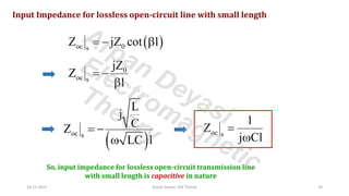 Input Impedance for lossless open-circuit line with small length
( )
oc 0
s
Z jZ cot l
= − 
0
oc s
jZ
Z
l
= −

( )
oc s
L
j
C
Z
LC l
= −

oc s
1
Z
j Cl
=

So, input impedance for lossless open-circuit transmission line
with small length is capacitive in nature
24-11-2021 Arpan Deyasi, EM Theory 19
Arpan Deyasi
Electromagnetic
Theory
 