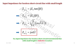 Input Impedance for lossless short-circuit line with small length
( )
sc 0
s
Z jZ tan l
= 
( )
sc 0
s
Z jZ l
= 
( )
sc s
L
Z j LC l
C
= 
sc s
Z j Ll
= 
So, input impedance for lossless short-circuit transmission line
with small length is inductive in nature
24-11-2021 Arpan Deyasi, EM Theory 21
Arpan Deyasi
Electromagnetic
Theory
 