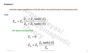 Problem 3
Find the input impedance of (λ/8) short circuited lossless transmission line
Soln
( )
( )
L 0
in 0
0 L
Z Z tanh l
Z Z
Z Z tanh l
+ 
=
+ 
For short-circuited line
L
Z 0
=
( )
0
in 0
0
Z tanh l
Z Z
Z

=
24-11-2021 Arpan Deyasi, EM Theory 22
Arpan Deyasi
Electromagnetic
Theory
 