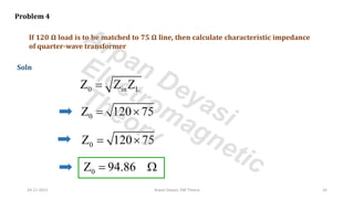 If 120 Ω load is to be matched to 75 Ω line, then calculate characteristic impedance
of quarter-wave transformer
Problem 4
Soln
0 in L
Z Z Z
=
0
Z 120 75
= 
0
Z 120 75
= 
0
Z 94.86
= 
24-11-2021 Arpan Deyasi, EM Theory 32
Arpan Deyasi
Electromagnetic
Theory
 