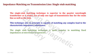 24-11-2021 Arpan Deyasi, EM Theory 37
Impedance Matching on Transmission Line: Single stub matching
The single-stub matching technique is superior to the quarter wavelength
transformer as it makes use of only one type of transmission line for the main
line as well as the stub.
This technique also in principle is capable of matching any complex load to the
characteristic impedance/admittance.
The single stub matching technique is quite popular in matching fixed
impedances at microwave frequencies.
Arpan Deyasi
Electromagnetic
Theory
 
