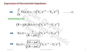 Expression of Characteristic Impedance
( )
z z
0 0
V(z,t) V e V e
z
+ −
− 

= − −

…………….. (2)
Substituting in (1)
( ) ( )
z z
0 0
R j L I(z,t) V e V e
+ −
− 
+  =  −
( )
( )
z z
0 0
I(z,t) V e V e
R j L
+ −
− 

= −
+ 
( )
( )
( )
z z
0 0
G j C
I(z,t) V e V e
R j L
+ −
− 
+ 
= −
+ 
24-11-2021 Arpan Deyasi, EM Theory 4
Arpan Deyasi
Electromagnetic
Theory
 