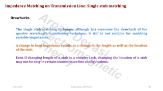 24-11-2021 Arpan Deyasi, EM Theory 40
Impedance Matching on Transmission Line: Single stub matching
The single stub matching technique although has overcome the drawback of the
quarter wavelength transformer technique, it still is not suitable for matching
variable impedances.
A change in load impedance results in a change in the length as well as the location
of the stub.
Even if changing length of a stub is a simpler task, changing the location of a stub
may not be easy in certain transmission line configurations.
Drawbacks Arpan Deyasi
Electromagnetic
Theory
 
