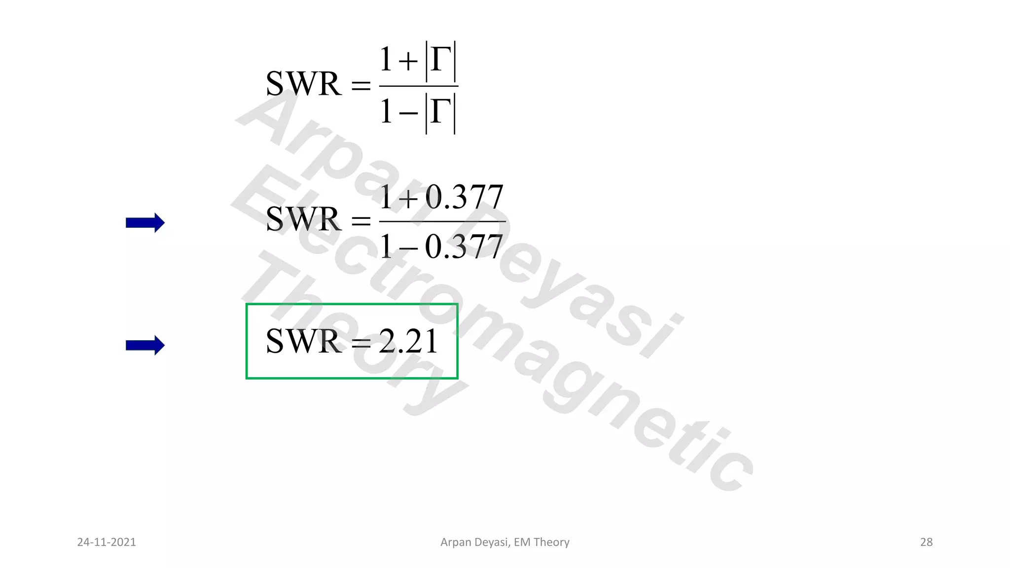 24-11-2021 Arpan Deyasi, EM Theory 28
1
SWR
1
+ 
=
− 
1 0.377
SWR
1 0.377
+
=
−
SWR 2.21
=
Arpan Deyasi
Electromagnetic
Theory
 