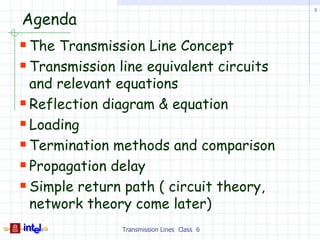 3

Agenda
 The Transmission Line Concept
 Transmission line equivalent circuits
  and relevant equations
 Reflection diagram & equation
 Loading
 Termination methods and comparison
 Propagation delay
 Simple return path ( circuit theory,
  network theory come later)
                Transmission Lines Class 6
 
