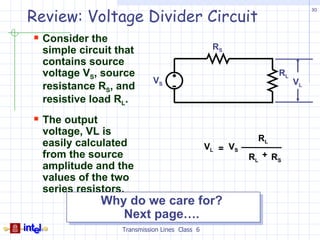 Review: Voltage Divider Circuit
                                                                          30




 Consider the
  simple circuit that                           RS
  contains source
  voltage VS, source                                            RL
                            VS                                       VL
  resistance RS, and
  resistive load RL.
 The output
  voltage, VL is
                                                           RL
  easily calculated                            VL = VS
  from the source                                        RL + R S
  amplitude and the
  values of the two
  series resistors.
               Why do we care for?
                  Next page….
                  Transmission Lines Class 6
 