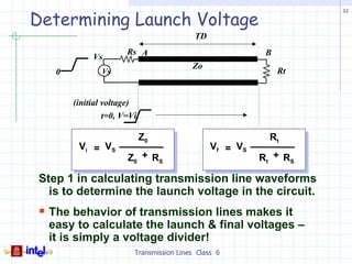Determining Launch Voltage
                                                                    32




                                           TD
                       Rs A                                B
             Vs
                                          Zo
    0           Vs                                             Rt


        (initial voltage)
                 t=0, V=Vi

                             Z0                             Rt
         Vi = VS                                Vf = VS
                       Z 0 + RS                           Rt + RS

 Step 1 in calculating transmission line waveforms
   is to determine the launch voltage in the circuit.
  The behavior of transmission lines makes it
  easy to calculate the launch & final voltages –
  it is simply a voltage divider!
                         Transmission Lines Class 6
 