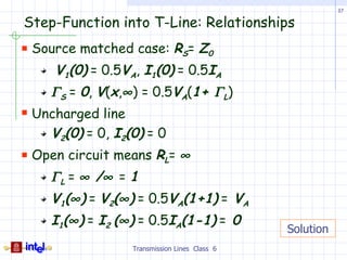37


Step-Function into T-Line: Relationships
 Source matched case: RS= Z0
     V1(0) = 0.5VA, I1(0) = 0.5IA
    Γ S = 0, V(x,∞ ) = 0.5VA(1+ Γ L)
 Uncharged line
    V2(0) = 0, I2(0) = 0
 Open circuit means RL= ∞
    Γ L = ∞ /∞ = 1
    V1(∞) = V2(∞) = 0.5VA(1+1) = VA
    I1(∞) = I2 (∞) = 0.5IA(1-1) = 0
                                                Solution
                   Transmission Lines Class 6
 