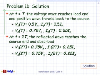 41


Problem 1b: Solution
 At t = T, the voltage wave reaches load end
 and positive wave travels back to the source
    V1(T) = 0.5VA, I1(T) = 0.5IA
    V2(T) = 0.75VA , I2(T) = 0.25IA
 At t = 2T, the reflected wave reaches the
 source end and absorbed
    V1(2T) = 0.75VA , I1(2T) = 0.25IA
    V2(2T) = 0.75VA , I2(2T) = 0.25IA


                                              Solution
                 Transmission Lines Class 6
 