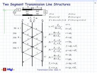Two Segment Transmission Line Structures
                                                                                                              48

                       X             X
            Rs
                      Zo1            Zo2           Rt
      Vs
                      TD             TD                 A= a                     A' = b + e
                            T3 T2                       B = a+c+d                B' = b + e + g + i
                 ρ1         ρ 2 ρ3            ρ4        C = A+ c+ d + f + h      C' = b + e + g + i + k + l
                       a                                                      a = vi
                                                                  Z o1
                                                        vi = Vs
      TD A             c             b                          Rs + Z o1     b = aT2

      2TD                                                      Rs − Z o1      c = aρ 2
                       d             e                  ρ1 =
                                                               Rs + Z o1
      3TD B                          g
                                                   A’                         d = cρ 1
                       f
                                                               Z o 2 − Z o1
      4TD
                                                        ρ2 =                  e = bρ 4
                       h             i                         Z o 2 + Z o1
                                                   B’                         f = dρ 2 + eT3
      5TD C            j             k                       Z − Zo2
                                                        ρ 3 = o1              g = eρ 3 + dT2
                                                             Z o1 + Z o 2
                                     l
                                                             Rt − Z o 2       h = fρ 1
                                                   C’   ρ4 =
                                                             Rt + Z o 2       i = gρ 4

                                                        T2 = 1 + ρ 2          j = hρ 2 + iT3

                                                        T3 = 1 + ρ 3          k = iρ 3 + hT2
                                         Transmission Lines Class 6
 