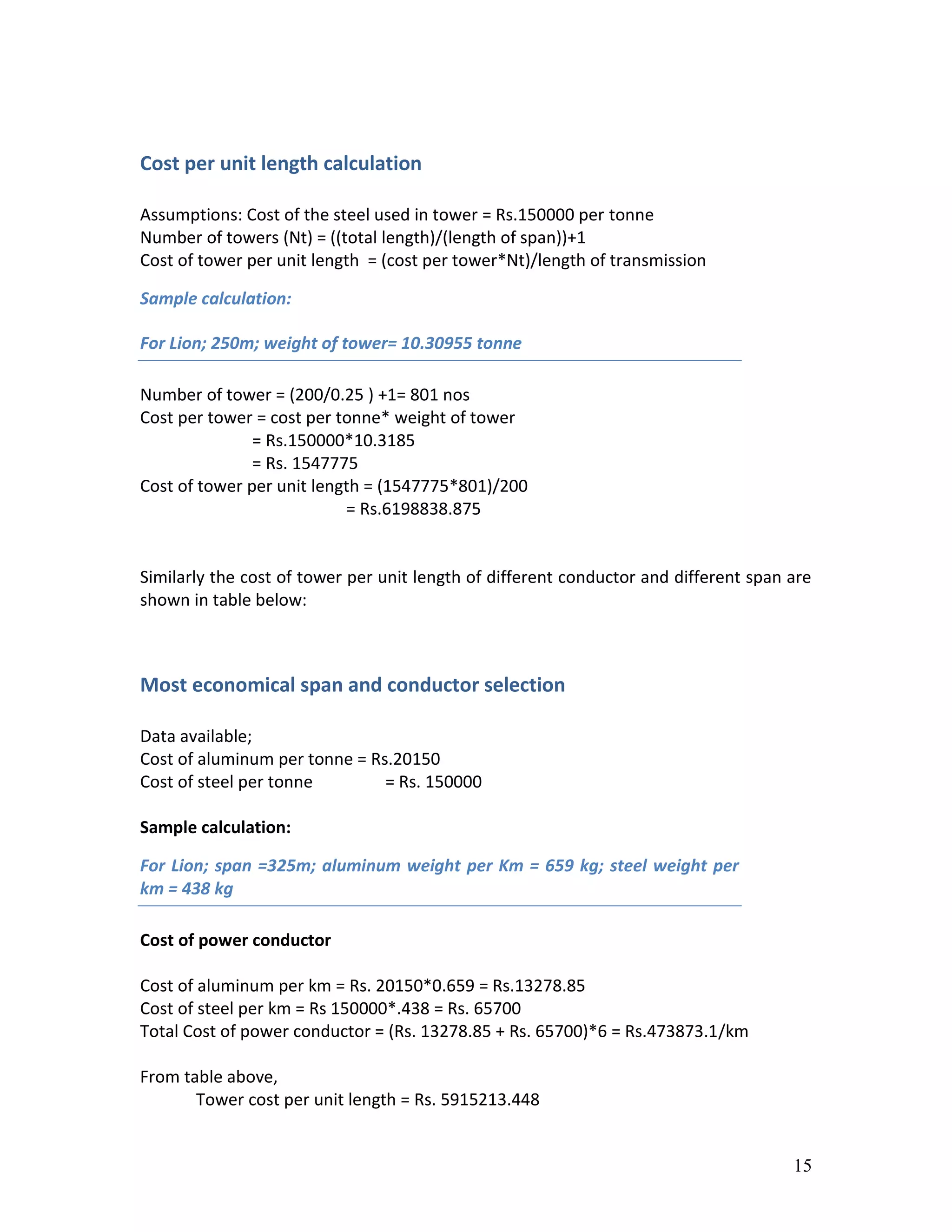 15
Cost per unit length calculation
Assumptions: Cost of the steel used in tower = Rs.150000 per tonne
Number of towers (Nt) = ((total length)/(length of span))+1
Cost of tower per unit length = (cost per tower*Nt)/length of transmission
Sample calculation:
For Lion; 250m; weight of tower= 10.30955 tonne
Number of tower = (200/0.25 ) +1= 801 nos
Cost per tower = cost per tonne* weight of tower
= Rs.150000*10.3185
= Rs. 1547775
Cost of tower per unit length = (1547775*801)/200
= Rs.6198838.875
Similarly the cost of tower per unit length of different conductor and different span are
shown in table below:
Most economical span and conductor selection
Data available;
Cost of aluminum per tonne = Rs.20150
Cost of steel per tonne = Rs. 150000
Sample calculation:
For Lion; span =325m; aluminum weight per Km = 659 kg; steel weight per
km = 438 kg
Cost of power conductor
Cost of aluminum per km = Rs. 20150*0.659 = Rs.13278.85
Cost of steel per km = Rs 150000*.438 = Rs. 65700
Total Cost of power conductor = (Rs. 13278.85 + Rs. 65700)*6 = Rs.473873.1/km
From table above,
Tower cost per unit length = Rs. 5915213.448
 