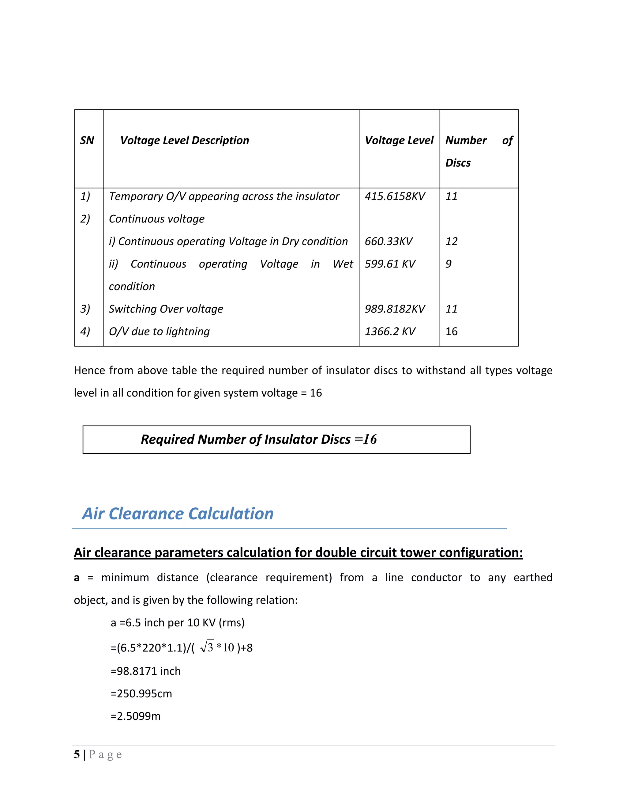 5 | P a g e
Hence from above table the required number of insulator discs to withstand all types voltage
level in all condition for given system voltage = 16
Air Clearance Calculation
Air clearance parameters calculation for double circuit tower configuration:
a = minimum distance (clearance requirement) from a line conductor to any earthed
object, and is given by the following relation:
a =6.5 inch per 10 KV (rms)
=(6.5*220*1.1)/( 10*3 )+8
=98.8171 inch
=250.995cm
=2.5099m
SN Voltage Level Description Voltage Level Number of
Discs
1)
2)
3)
4)
Temporary O/V appearing across the insulator
Continuous voltage
i) Continuous operating Voltage in Dry condition
ii) Continuous operating Voltage in Wet
condition
Switching Over voltage
O/V due to lightning
415.6158KV
660.33KV
599.61 KV
989.8182KV
1366.2 KV
11
12
9
11
16
Required Number of Insulator Discs =16
 