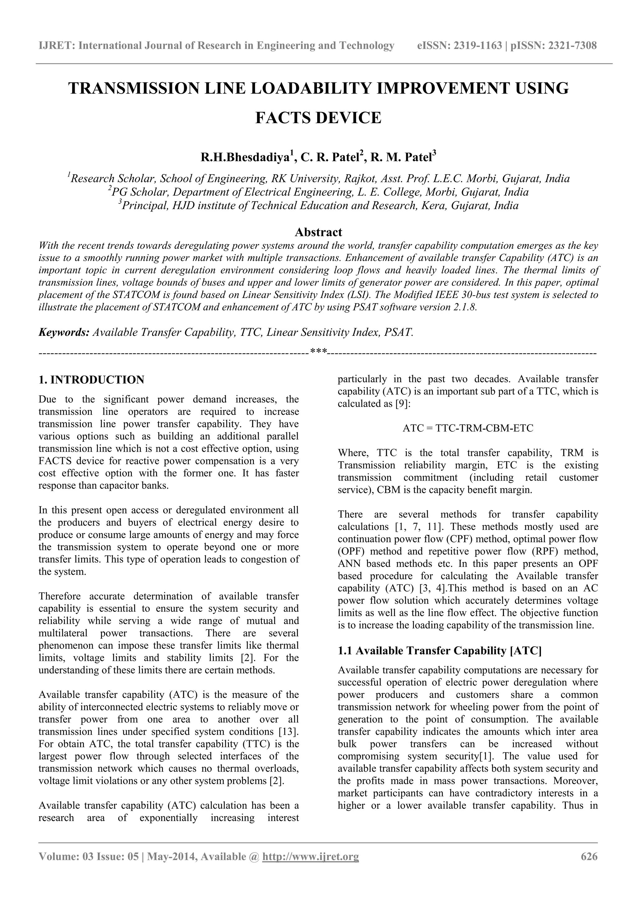 Transmission line loadability improvement using facts device PDF