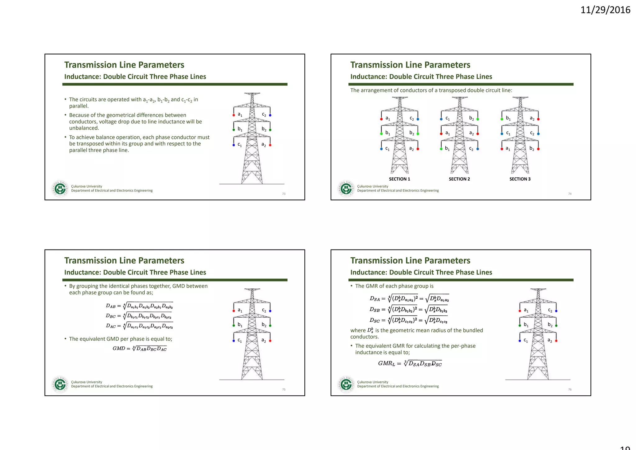 11/29/2016
Çukurova University
Department of Electrical and Electronics Engineering
Transmission Line Parameters
• The circuits are operated with a1-a2, b1-b2 and c1-c2 in
parallel.
• Because of the geometrical differences between
conductors, voltage drop due to line inductance will be
unbalanced.
• To achieve balance operation, each phase conductor must
be transposed within its group and with respect to the
parallel three phase line.
73
Inductance: Double Circuit Three Phase Lines
a1
b1
c1
c2
b2
a2
Çukurova University
Department of Electrical and Electronics Engineering
Transmission Line Parameters
The arrangement of conductors of a transposed double circuit line:
74
Inductance: Double Circuit Three Phase Lines
a1
b1
c1
c2
b2
a2
SECTION 1
c1
a1
b1
b2
a2
c2
SECTION 2
b1
c1
a1
a2
c2
b2
SECTION 3
Çukurova University
Department of Electrical and Electronics Engineering
Transmission Line Parameters
• By grouping the identical phases together, GMD between
each phase group can be found as;
75
Inductance: Double Circuit Three Phase Lines
• The equivalent GMD per phase is equal to;
a1
b1
c1
c2
b2
a2
Çukurova University
Department of Electrical and Electronics Engineering
Transmission Line Parameters
• The GMR of each phase group is
76
Inductance: Double Circuit Three Phase Lines
where is the geometric mean radius of the bundled
conductors.
• The equivalent GMR for calculating the per-phase
inductance is equal to;
a1
b1
c1
c2
b2
a2
 