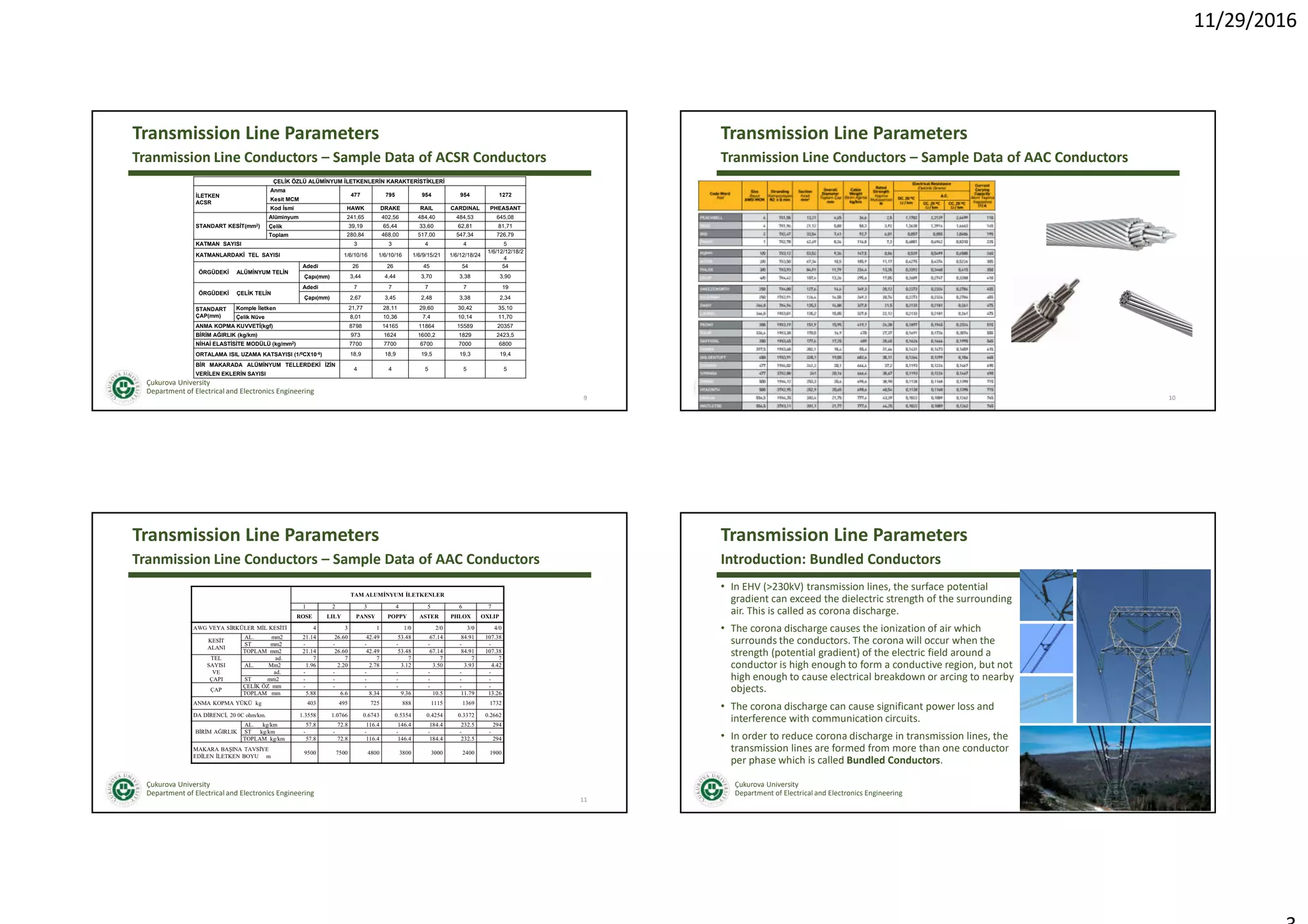 11/29/2016
Çukurova University
Department of Electrical and Electronics Engineering
Transmission Line Parameters
9
Tranmission Line Conductors – Sample Data of ACSR Conductors
ÇELİK ÖZLÜ ALÜMİNYUM İLETKENLERİN KARAKTERİSTİKLERİ
İLETKEN
ACSR
Anma
Kesit MCM
477 795 954 954 1272
Kod İsmi HAWK DRAKE RAIL CARDINAL PHEASANT
STANDART KESİT(mm2)
Alüminyum 241,65 402,56 484,40 484,53 645,08
Çelik 39,19 65,44 33,60 62,81 81,71
Toplam 280,84 468,00 517,00 547,34 726,79
KATMAN SAYISI 3 3 4 4 5
KATMANLARDAKİ TEL SAYISI 1/6/10/16 1/6/10/16 1/6/9/15/21 1/6/12/18/24
1/6/12/12/18/2
4
ÖRGÜDEKİ ALÜMİNYUM TELİN
Adedi 26 26 45 54 54
Çapı(mm) 3,44 4,44 3,70 3,38 3,90
ÖRGÜDEKİ ÇELİK TELİN
Adedi 7 7 7 7 19
Çapı(mm) 2,67 3,45 2,48 3,38 2,34
STANDART
ÇAP(mm)
Komple İletken 21,77 28,11 29,60 30,42 35,10
Çelik Nüve 8,01 10,36 7,4 10,14 11,70
ANMA KOPMA KUVVETİ(kgf) 8798 14165 11864 15589 20357
BİRİM AĞIRLIK (kg/km) 973 1624 1600,2 1829 2423,5
NİHAİ ELASTİSİTE MODÜLÜ (kg/mm2) 7700 7700 6700 7000 6800
ORTALAMA ISIL UZAMA KATSAYISI (1/0CX10-6) 18,9 18,9 19,5 19,3 19,4
BİR MAKARADA ALÜMİNYUM TELLERDEKİ İZİN
VERİLEN EKLERİN SAYISI
4 4 5 5 5
Çukurova University
Department of Electrical and Electronics Engineering
Transmission Line Parameters
10
Tranmission Line Conductors – Sample Data of AAC Conductors
Çukurova University
Department of Electrical and Electronics Engineering
Transmission Line Parameters
11
Tranmission Line Conductors – Sample Data of AAC Conductors
TAM ALUMİNYUM İLETKENLER
1 2 3 4 5 6 7
ROSE LILY PANSY POPPY ASTER PHLOX OXLIP
AWG VEYA SİRKÜLER MİL KESİTİ 4 3 1 1/0 2/0 3/0 4/0
KESİT
ALANI
AL. mm2 21.14 26.60 42.49 53.48 67.14 84.91 107.38
ST mm2 - - - - - - -
TOPLAM mm2 21.14 26.60 42.49 53.48 67.14 84.91 107.38
TEL
SAYISI
VE
ÇAPI
ad. 7 7 7 7 7 7 7
AL. Mm2 1.96 2.20 2.78 3.12 3.50 3.93 4.42
ad. - - - - - - -
ST mm2 - - - - - - -
ÇAP
ÇELİK ÖZ mm - - - - - - -
TOPLAM mm 5.88 6.6 8.34 9.36 10.5 11.79 13.26
ANMA KOPMA YÜKÜ kg 403 495 725 888 1115 1369 1732
DA DİRENCİ, 20 0C ohm/km. 1.3558 1.0766 0.6743 0.5354 0.4254 0.3372 0.2662
BİRİM AĞIRLIK
AL. kg/km 57.8 72.8 116.4 146.4 184.4 232.5 294
ST kg/km - - - - - - -
TOPLAM kg/km 57.8 72.8 116.4 146.4 184.4 232.5 294
MAKARA BAŞINA TAVSİYE
EDİLEN İLETKEN BOYU m
9500 7500 4800 3800 3000 2400 1900
Çukurova University
Department of Electrical and Electronics Engineering
Transmission Line Parameters
• In EHV (>230kV) transmission lines, the surface potential
gradient can exceed the dielectric strength of the surrounding
air. This is called as corona discharge.
• The corona discharge causes the ionization of air which
surrounds the conductors. The corona will occur when the
strength (potential gradient) of the electric field around a
conductor is high enough to form a conductive region, but not
high enough to cause electrical breakdown or arcing to nearby
objects.
• The corona discharge can cause significant power loss and
interference with communication circuits.
• In order to reduce corona discharge in transmission lines, the
transmission lines are formed from more than one conductor
per phase which is called Bundled Conductors.
12
Introduction: Bundled Conductors
 