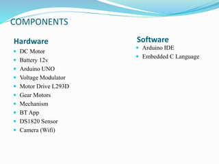 COMPONENTS
 DC Motor
 Battery 12v
 Arduino UNO
 Voltage Modulator
 Motor Drive L293D
 Gear Motors
 Mechanism
 BT App
 DS1820 Sensor
 Camera (Wifi)
 Arduino IDE
 Embedded C Language
Hardware Software
 