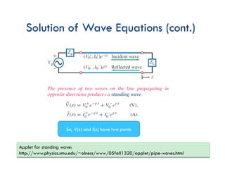 Solution of Wave Equations (cont.)
Applet for standing wave:
http://www.physics.smu.edu/~olness/www/05fall1320/applet/pipe-waves.html
So, V(z) and I(z) have two parts:
 