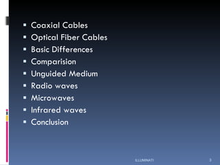 Coaxial Cables Optical Fiber Cables Basic Differences Comparision Unguided Medium Radio waves Microwaves Infrared waves Conclusion ILLUMINATI 