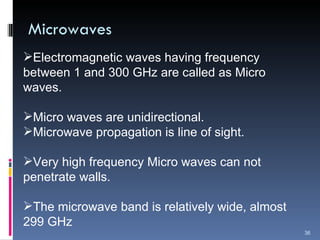 Microwaves Electromagnetic waves having frequency  between 1 and 300 GHz are called as Micro waves. Micro waves are unidirectional. Microwave propagation is line of sight. Very high frequency Micro waves can not penetrate walls. The microwave band is relatively wide, almost 299 GHz 