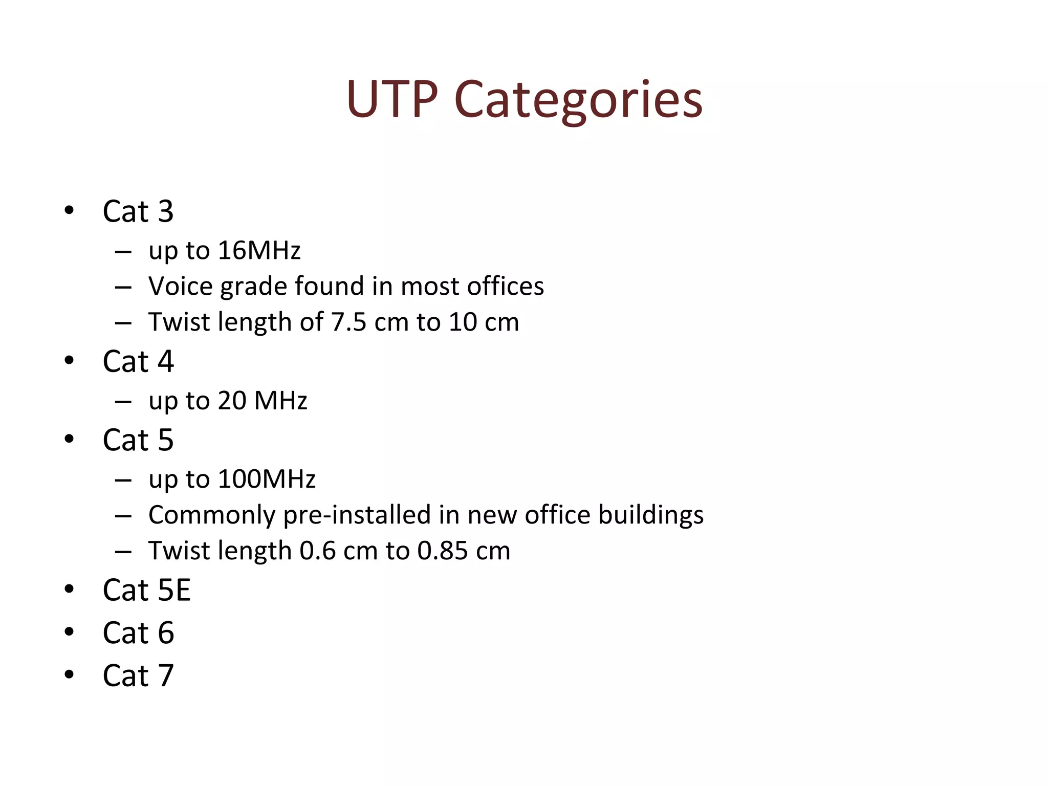 UTP Categories Cat 3 up to 16MHz Voice grade found in most offices Twist length of 7.5 cm to 10 cm Cat 4 up to 20 MHz Cat 5 up to 100MHz Commonly pre-installed in new office buildings Twist length 0.6 cm to 0.85 cm Cat 5E Cat 6 Cat 7 