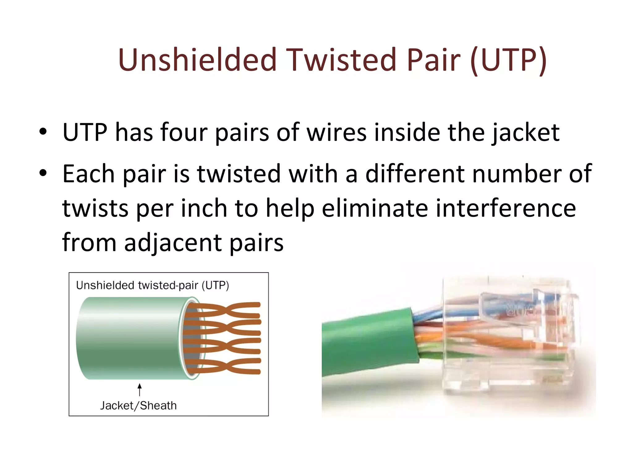 Unshielded Twisted Pair (UTP) UTP has four pairs of wires inside the jacket Each pair is twisted with a different number of twists per inch to help eliminate interference from adjacent pairs 