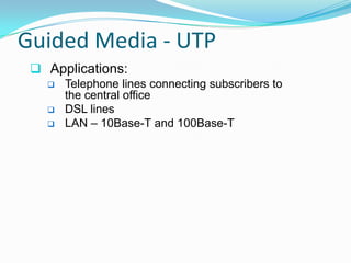 Guided Media - UTP
  Applications:
      Telephone lines connecting subscribers to
       the central office
      DSL lines
      LAN – 10Base-T and 100Base-T
 