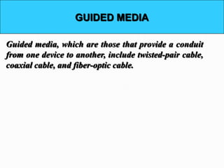 GUIDED MEDIA

Guided media, which are those that provide a conduit
from one device to another, include twisted-pair cable,
coaxial cable, and fiber-optic cable.
 