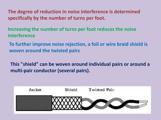 The degree of reduction in noise interference is determined
specifically by the number of turns per foot.

Increasing the number of turns per foot reduces the noise
interference
To further improve noise rejection, a foil or wire braid shield is
woven around the twisted pairs
This "shield" can be woven around individual pairs or around a
multi-pair conductor (several pairs).

 