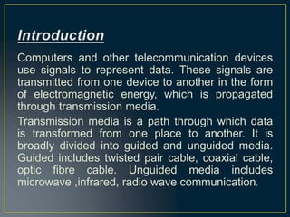 Computers and other telecommunication devices
use signals to represent data. These signals are
transmitted from one device...