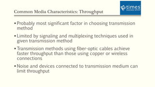 Common Media Characteristics: Throughput
 Probably most significant factor in choosing transmission
method
 Limited by signaling and multiplexing techniques used in
given transmission method
 Transmission methods using fiber-optic cables achieve
faster throughput than those using copper or wireless
connections
 Noise and devices connected to transmission medium can
limit throughput
 