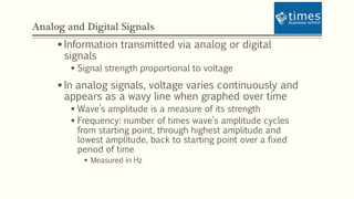 Analog and Digital Signals
 Information transmitted via analog or digital
signals
 Signal strength proportional to voltage
 In analog signals, voltage varies continuously and
appears as a wavy line when graphed over time
 Wave’s amplitude is a measure of its strength
 Frequency: number of times wave’s amplitude cycles
from starting point, through highest amplitude and
lowest amplitude, back to starting point over a fixed
period of time
 Measured in Hz
 