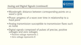 Analog and Digital Signals (continued)
 Wavelength: distance between corresponding points on a
wave’s cycle
 Phase: progress of a wave over time in relationship to a
fixed point
 Analog transmission susceptible to transmission flaws such
as noise
 Digital signals composed of pulses of precise, positive
voltages and zero voltages
 Positive voltage represents 1
 Zero voltage represents 0
 